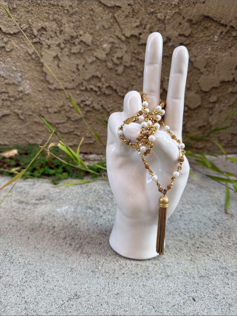 Vintage, Gold Tassel Bead Necklace with Cream Beads